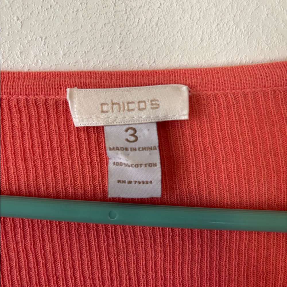 3/$20 Chico's Vibrant Coral and White Long Sleeve Ribbed Shirt - Picture 3 of 4